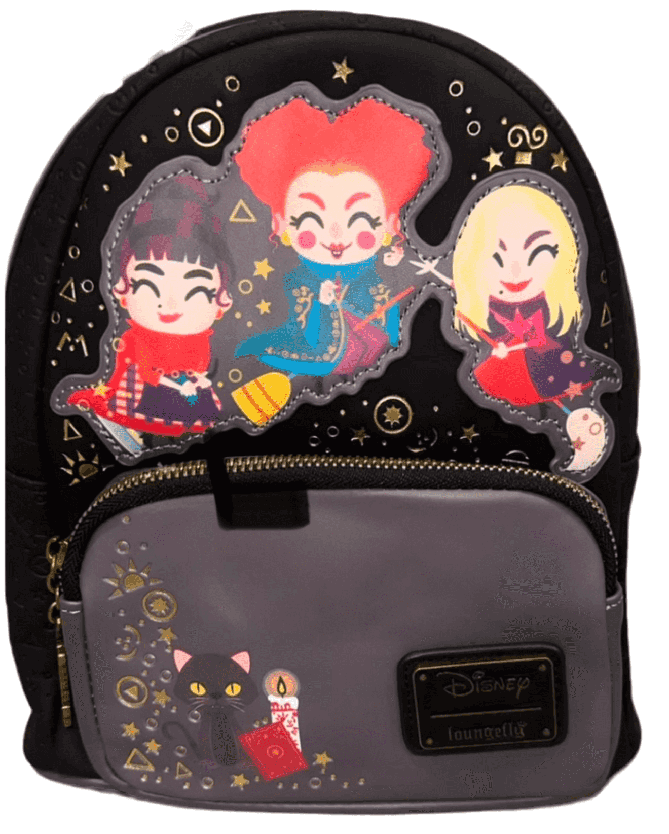 Hocus-Pocus Backpack – Where Style Meets Magic everyday featuring cartoon Sanderson Sisters, spellbook, and black cat design on black and gray base.