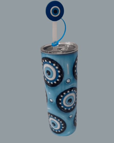 Stylish Evil Eye Tumbler featuring a vibrant blue protective motif and matching straw charm, ideal for fashionable and functional drinkware use.