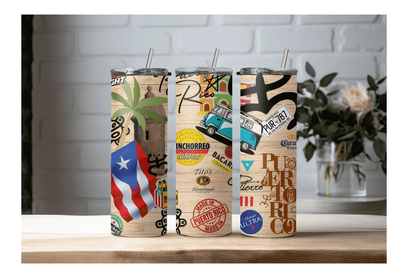 Puerto Rico Tumbler with 2 Straws – Durable Metal & Plastic Drinkware featuring vibrant island-themed graphics and a sleek cylindrical design.
