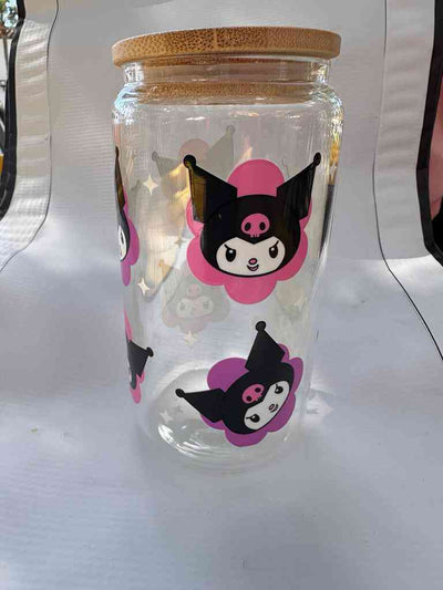 Stylish Premium Glass Can featuring cute cartoon character with pink and black accents, perfect for fun and eco-conscious drink storage.