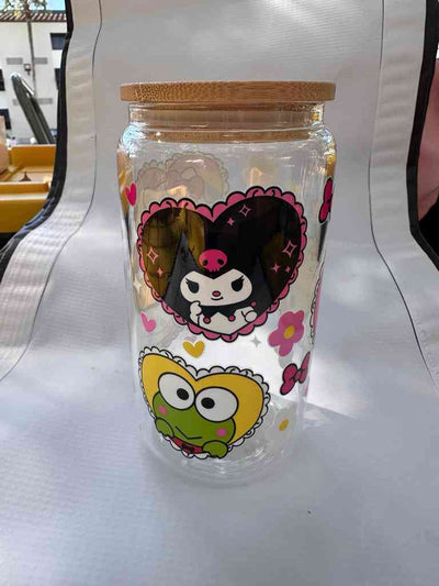 Premium Glass Can featuring colorful cartoon characters in heart frames, combining playful design with eco-conscious drink storage.