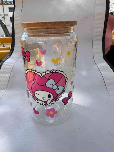 Eco-friendly Premium Glass Can with pink cartoon character and heart motifs, ideal for storing beverages with a cute aesthetic.
